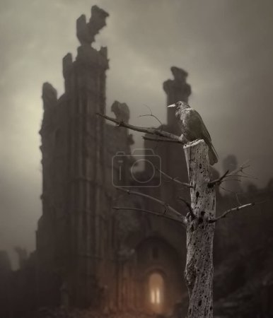 Téléchargez les photos : Corbeau perché sur un arbre nu sur un fond apocalyptique - en image libre de droit