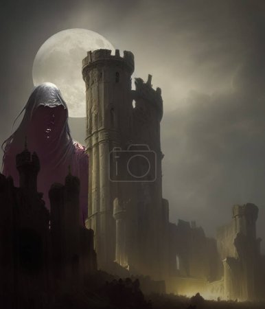 Creepy full moon medieval night seeing a monster
