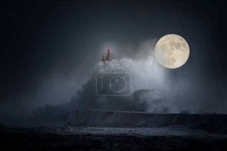 Photo for Stormy wave splash in a full moon night - Royalty Free Image