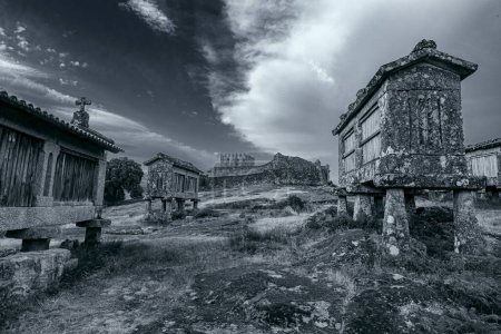 Espigueiros, granite corn dryers, and Lindoso medieval castle, north of Portugal. Converted black and white. Toned blue