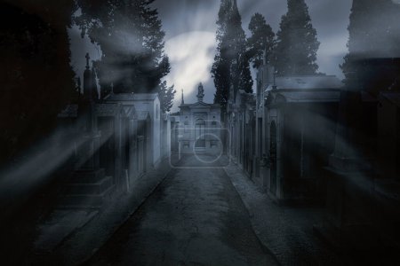 Calle de un viejo cementerio europeo en una nebulosa noche de luna llena