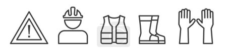 Illustration for Outline symbols and signs of work safe such as helmet, reflective vest, gloves and workwear - editable vector thin line icon collection on white background - Royalty Free Image