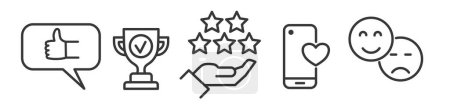 Ilustración de Esbozar símbolos y signos de los temas de negocios, tales como calificación, clasificación, satisfacción, evaluación y retroalimentación - colección de iconos de línea delgada vectorial editable sobre fondo blanco - Imagen libre de derechos