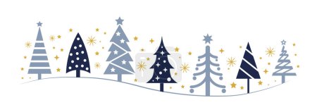 Illustration for Collection of blue Christmas trees and golden stars in different design. For web and printed materials - posters, leaflets, flyer, brochures. - Royalty Free Image