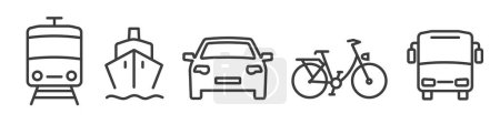 Ilustración de Esquema de símbolos y signos de los temas de transporte como autobús, coche, bicicleta, tren y ferry - colección de iconos de línea delgada vector editable en fondo blanco - Imagen libre de derechos