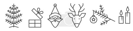 Illustration for Banner of Christmas stroke and outline icons. Set of Winter Holiday vector icons. Christmas tree, gift, Santa Claus, Reindeer, fir, candle - Royalty Free Image