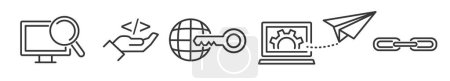 Téléchargez les illustrations : Symboles de contour et signes du référencement, concept de classement de l'optimisation des moteurs de recherche collection d'icônes vectorielles fines lignes modifiables sur fond blanc - en licence libre de droit