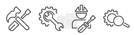 Illustration for Icon Set of maintenance and support - Vector Illustration -  Tools with screwdriver, wrench and hammer - Editable Thin Line Icons Collection on white Background for Web and Print - Royalty Free Image