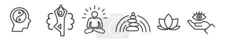 Ilustración de Outline symbols and signs of meditation and yoga topics such as mindfulness; resilience, balance, relaxation, lifestyle, and habits - editable vector thin line icon collection on white background - Imagen libre de derechos