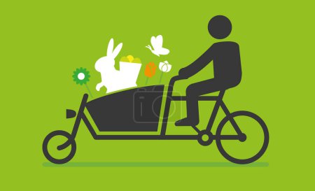 Ilustración de Greeting card happy easter shopping. Cargo bike with easter decoration. Flat Vector illustration - Imagen libre de derechos