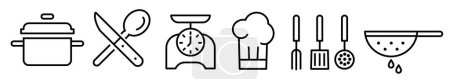 Illustration for Set of Cooking line icons. Kitchen utensils. Pan, Fork, spoon, knife and cookware line icons. Colander, spatula, chef hat, spoon, skimmer and kitchen scales.  Editable vector thin line icon collection on white background - Royalty Free Image