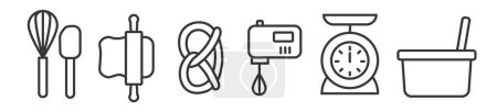 Illustration for Set of bakery line icons. Kitchen utensils. Whisk, dough scraper, rolling pin, pastry, handheld electric mixer, line icons. Editable vector thin line icon collection on white background - Royalty Free Image