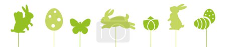 Téléchargez les illustrations : Bannière de Pâques heureuse - Illustration vectorielle avec des silhouettes blanches de lapins, papillons, œufs de Pâques et fleurs - éléments décoratifs isolés sur fond blanc - Concept d'illustration vectorielle - en licence libre de droit