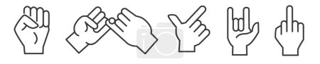 Illustration for Outline symbols and signs of Hand gestures such as empower, pinky swear and insults - editable vector thin line icon collection on white background - Royalty Free Image