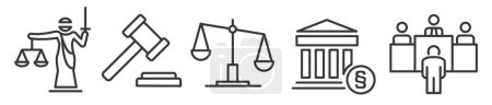Ilustración de Icono Conjunto de ley, legal y justicia - Ilustración vectorial - Colección de iconos de línea delgada editables sobre fondo blanco para web e impresión - Imagen libre de derechos
