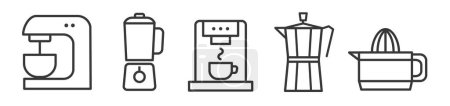 Illustration for Simple Set of Kitchen Appliances Editable Vector Thin Line Icons. Contains such Symbols as kitchen machine, blender, coffee maker, espresso pot and squeezer - Royalty Free Image