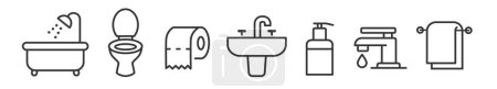 Téléchargez les illustrations : Salle de bain ligne mince icônes collection. Baignoire, toilettes, lavabo et serviette. Concept d'illustration vectorielle modifiable isolé sur fond blanc pour le web et l'impression - en licence libre de droit