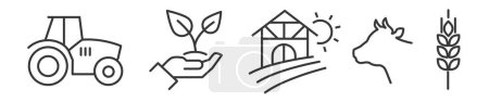 Ilustración de Esquema de símbolos y signos de la agricultura y la agricultura mixta - vector editable colección icono de línea delgada sobre fondo blanco - Imagen libre de derechos