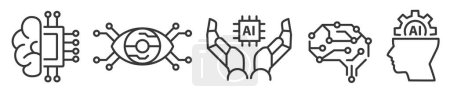 Ilustración de Conjunto de iconos de inteligencia artificial y aprendizaje automático - Ilustración vectorial - Colección de iconos de línea delgada editables sobre fondo blanco para web e impresión - Imagen libre de derechos