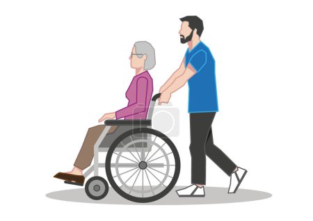 Illustration for Caregiver walk older grey haired woman on a wheelchair - vector illustration on white background - Royalty Free Image