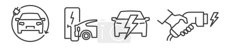 Téléchargez les illustrations : Collection de voiture électrique, ev et station de charge connexes vectoriels modifiables icônes de ligne mince - en licence libre de droit