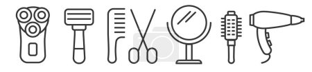 Illustration for Barber shop thin line icons collection. shaver, hairdryer, hairbrush, scissor, com, mirror, and hairdryer. Editable Vector illustration concept isolated on white background for web and print - Royalty Free Image