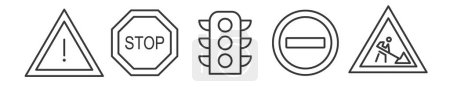 Ilustración de Esquema de señales de tráfico como precaución, parada, cunstrucción y semáforo - colección de iconos de línea delgada vectorial editable sobre fondo blanco - Imagen libre de derechos