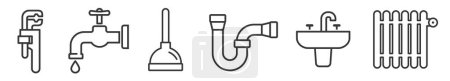 Téléchargez les illustrations : Outils de plomberie - Ensemble simple d'icônes de ligne mince vectorielles liées au plombier - en licence libre de droit
