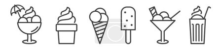 Téléchargez les illustrations : Collection d'icônes de crème glacée fine ligne illustration vectorielle sur fond blanc sundae, cône, parfait, café glacé et yaourt glacé - en licence libre de droit