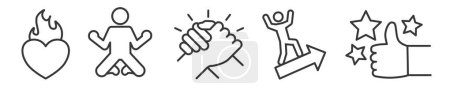 Ilustración de Conjunto de iconos de motivación, regocijarse y animar - Ilustración vectorial - Colección de iconos de línea delgada editables sobre fondo blanco para web e impresión - Imagen libre de derechos
