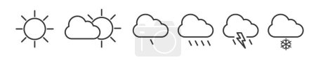 Ilustración de Icono Conjunto de pronóstico del tiempo. Soleado, nublado, lluvia, tormenta y nevadas - Ilustración vectorial - Colección de iconos de línea delgada editables sobre fondo blanco para web e impresión - Imagen libre de derechos