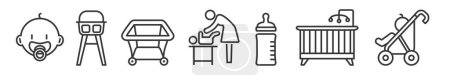 Ilustración de Icono Conjunto de muebles y bienes para bebés - colección de iconos de línea delgada vectorial editable - chupete, cambiador de bebés, trona, cuna, biberón, corral y más - Imagen libre de derechos