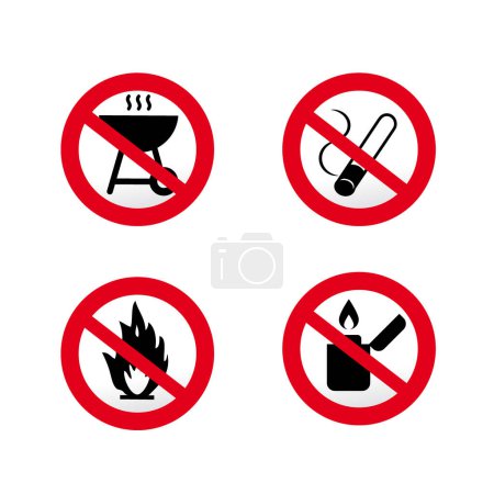 Signs - wildfire - Restricted areas, Do not enter to do activities Make a fire or cause a fire. Vector Illustration set on white background.