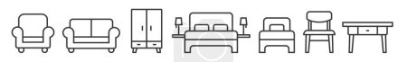 Illustration for Icon Set of furniture and furnishing - editable vector thin line icon collection - armchair, sofa, table, bed, cupboard and more - Royalty Free Image