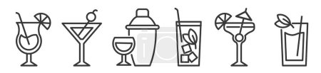 Illustration for Icon Set of cocktail glasses and mixer - Vector Illustration -  Beverage for summer beach party - drinks in different types of glasses - Editable Thin Line Icons Collection on white Background for Web and Print - Royalty Free Image