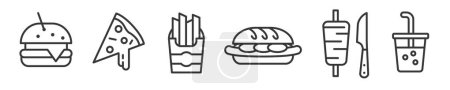 Illustration for Icon Set of fast food, Hamburger, Pizza, French fries and gyros - Vector Illustration -  Editable Thin Line Icons Collection on white Background for Web and Prin - Royalty Free Image