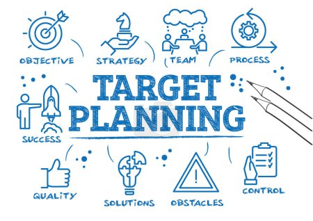 Illustration for Target planning process such as objective, strategy, control, obstacles, solutions and success - drawn chart with keywords and icons - vector illustration - Royalty Free Image