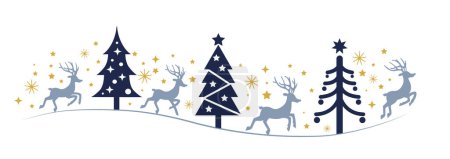 Illustration for Collection of blue Reindeers, Christmas trees and golden stars in different design. For web and printed materials - posters, leaflets, flyer, brochures. - Royalty Free Image