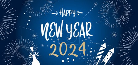Illustration for New Year fireworks and golden calligraphy numbers 2024 on blue background - Royalty Free Image