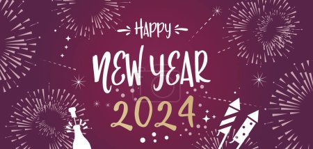 Nouvel An feux d'artifice et numéros de calligraphie dorée 2024 sur fond purpur