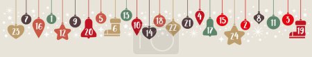 Téléchargez les illustrations : Bannière Calendrier de l'Avent - Boules de Noël colorées or, vert et rouge avec des chiffres 1 à 24 montrant le calendrier de l'Avent pour Noël et l'hiver - en licence libre de droit