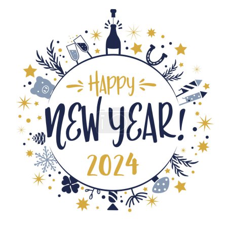 Ilustración de Saludos de Año Nuevo 2024 oro y azul - Feliz Año Nuevo Vector Illustration - Imagen libre de derechos