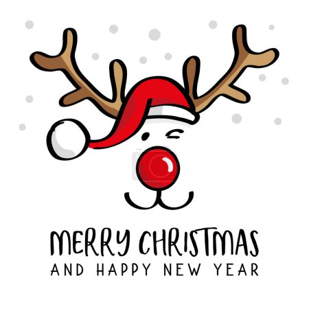 Illustration for Cute Christmas Reindeer vector illustration. Greeting card with Merry Christmas and happy new Year writing. Antler and Christmas Cap. Isolated on white background. - Royalty Free Image