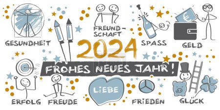 Illustration for Happy New Year Greeting card (frohes neues Jahr). Happy new Year 2024 in German language vector illustratio - Royalty Free Image