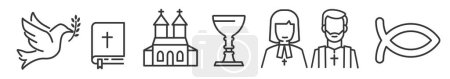 Ilustración de Conjunto de iconos de línea delgada editable religión cristiana - Ilustración vectorial sobre fondo blanco. Biblia, paloma, cáliz, iglesia, pastor y más para imprimir y web - Imagen libre de derechos