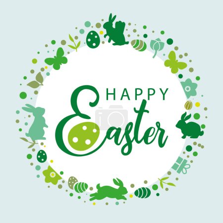 Téléchargez les illustrations : Affiche de Pâques et modèle de bannière avec des œufs et des lapins de Pâques sur fond vert - en licence libre de droit
