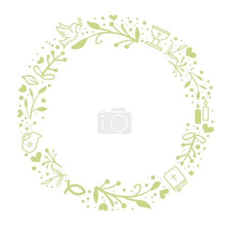 Ilustración de Plantilla de bautismo y bautizo - Corona con símbolos cristianos - verde y blanco - Imagen libre de derechos