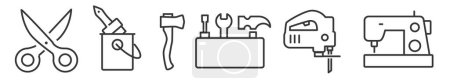 Téléchargez les illustrations : Décrivez les symboles et les signes de le faire vous-même outils icônes ensemble. Ensemble d'icônes de contour de machine à coudre, pinceau de seau de peinture, hache, boîte à outils et scie à métaux - collection d'icônes vectorielles modifiables sur fond blanc - en licence libre de droit
