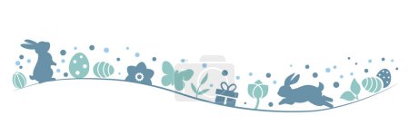 Illustration for Happy Easter banner with bunnies, flowers and easter eggs isolated on white background - Royalty Free Image