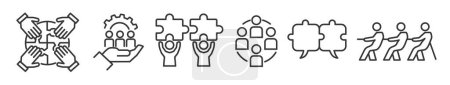 Téléchargez les illustrations : Décrivez les symboles et les signes de sujets d'affaires tels que l'esprit d'équipe de team building et de travailler ensemble collection d'icônes vectorielles fines lignes modifiables sur fond blanc - en licence libre de droit